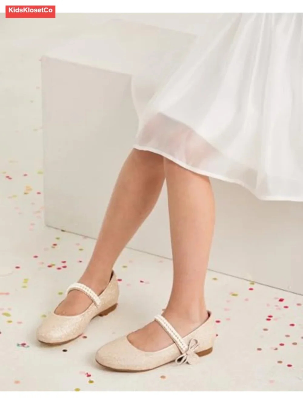Girls Mary Jane Dress Shoes Bow Pearls Ballet Flats Princess Wedding Shoes